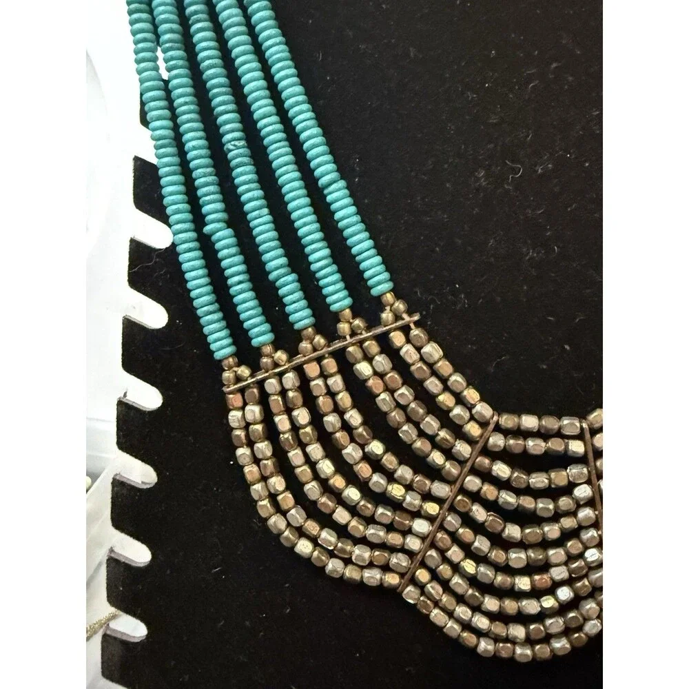 Multi Layered Metal Bead Turquoise Color Bead Bib Necklace 18.5”